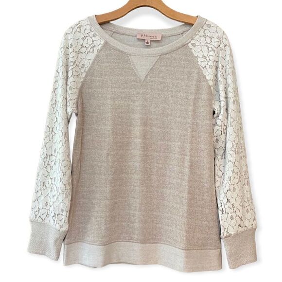 Philosophy S Tan Lace Shoulder Sleeves Casual Weekend Sweatshirt - Picture 1 of 13